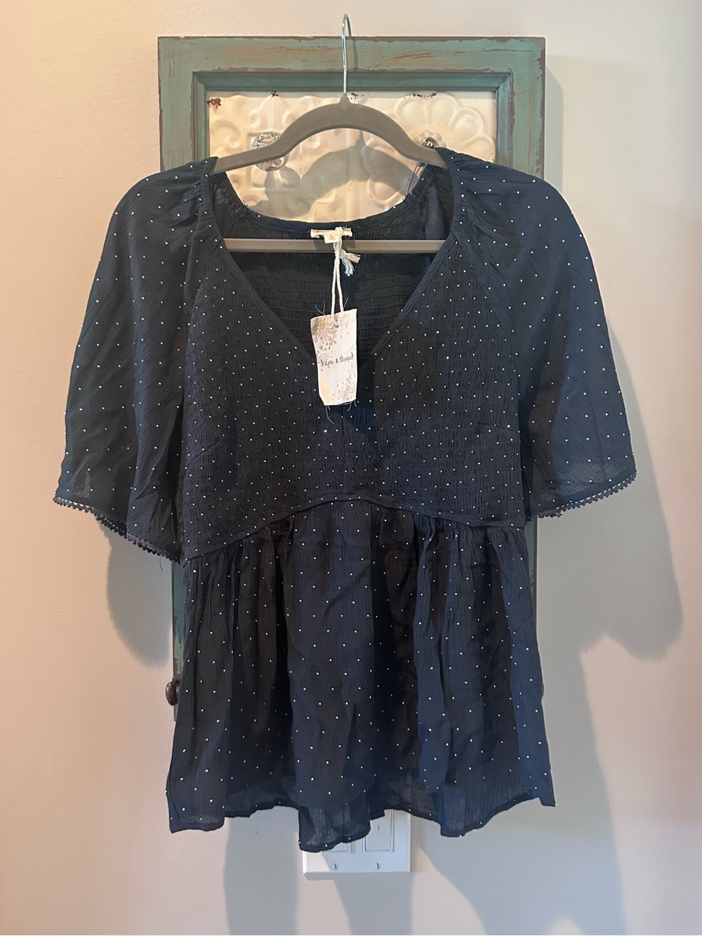 NWT Hem & Thread Navy Blue Rhinestone Embellished Babydoll Blouse Size Large